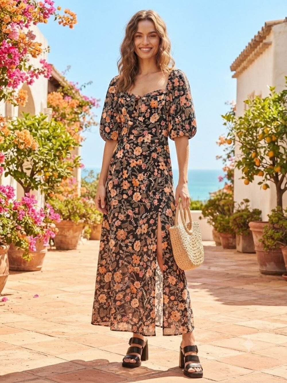 Old Navy Black Floral Sweetheart Puff Sleeve Midi Dress Front Slit Size S